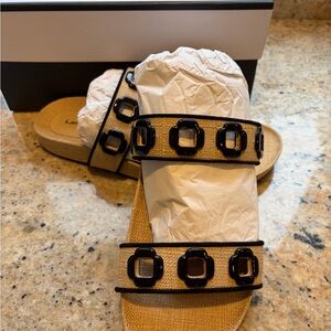 Larroude Milan Beige Slides with Black Accents